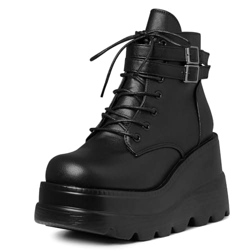 Tscoyuki Chunky Heel Booties for Women Round Toe Gothic Lace-Up Booties