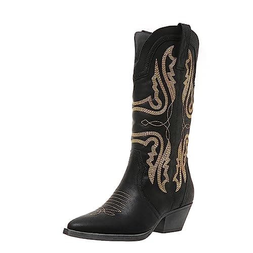 SelRoys Women's Cowboy Mid Calf Western Boots Brown Red Black