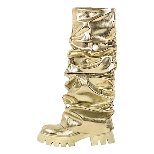 LISHAN Women's Metallic Fold-Over Pull-On Ruched Platform Heels