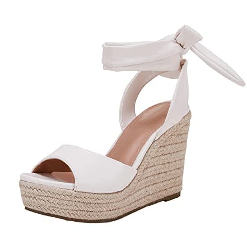 Fashare Women's Open Toe Wedge Heels Sandals with Tie Lace-Up Ankle Strap