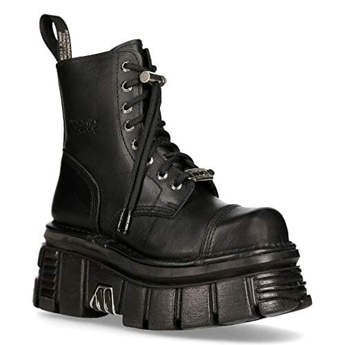 New Rock M-NEWMILI083-S21 Black Leather Platform Combat Boots