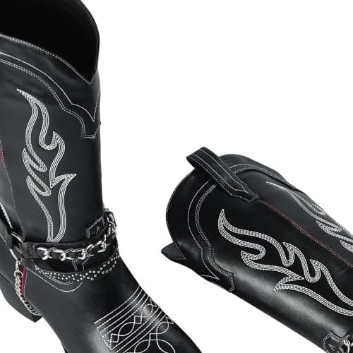 Faux Leather Cowboy Boots for Women with Chain & Embroidery