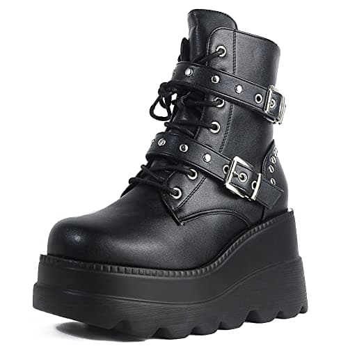 Chunky Platform Combat Boots, Square Toe Zip Heel Ankle Boot for Women