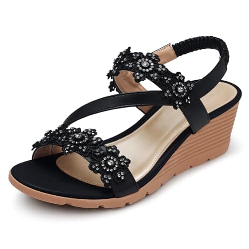 SHIBEVER Women's Comfortable Floral Open Toe Wedge Sandals