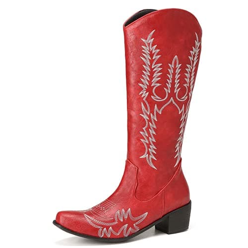 Erocalli Women's Western Mid Heel Embroidered Claf Boot