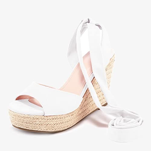 Fashare Women's Open Toe Wedge Heels Sandals with Tie Lace-Up Ankle Strap