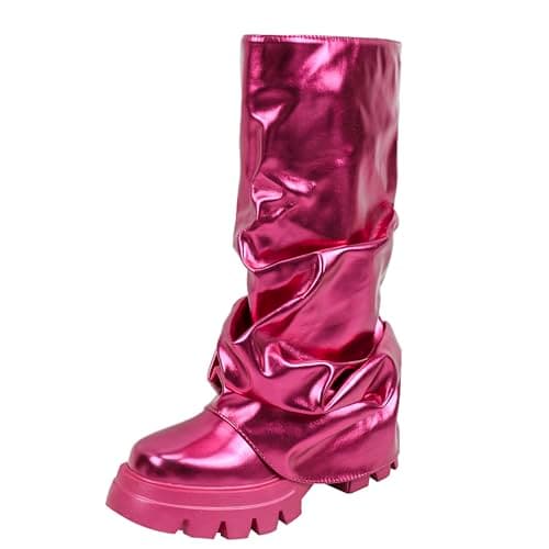 DETOGNI Women's Metallic Mid-Calf Pull-On Chunky Platform Booties