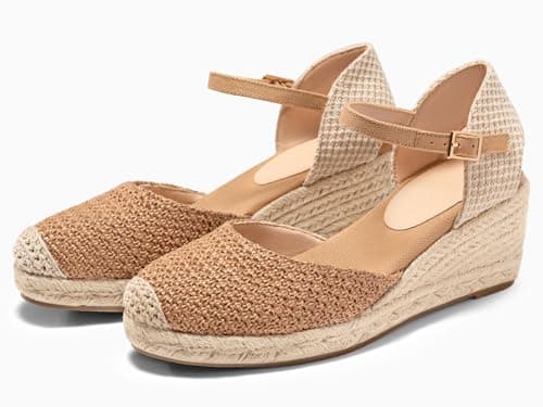 Coutgo Women's Raffia Platform Wedge Sandals with Ankle Buckle Strap