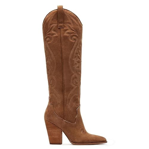 VOMIRA Pointed Toe Chunky Heel Knee High Cowboy Boots