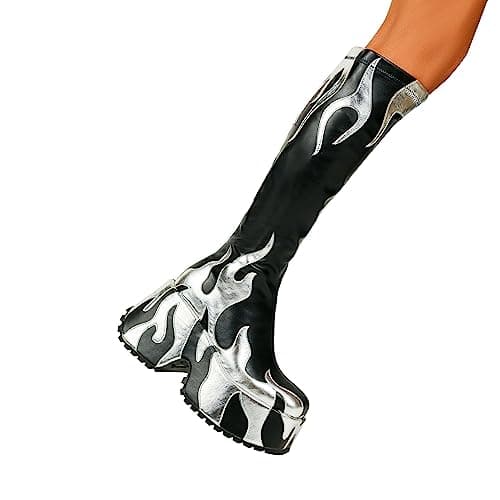 HiColor Women's High Heeled Flames Printing Chunky Sole Tall Boot