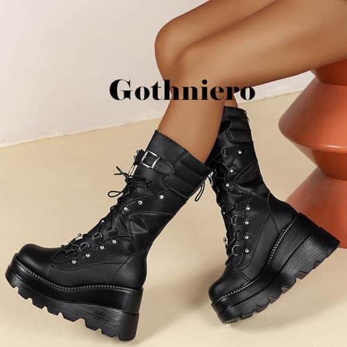 Gothniero Women's Black Knee High Platform Boots Size 5.5-11