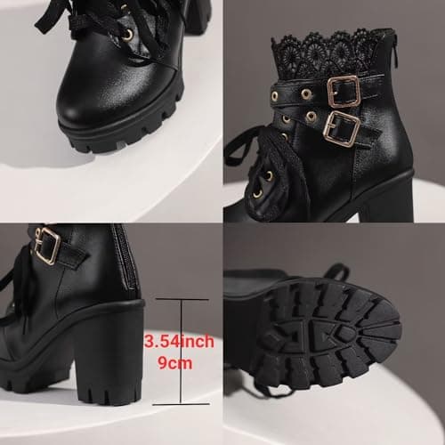 MEOTINA Goth Chunky Platform Ankle Boots with Lace and Buckle