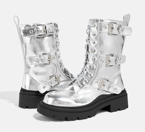 LUCKY STEP Women's Platform Mid Calf Combat Boots-Ankle Booties