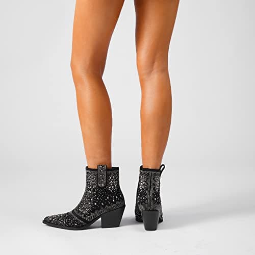 Sparkly Rhinestone Cowboy Ankle Boots with Pointed Toe and Chunky Heel by ISNOM