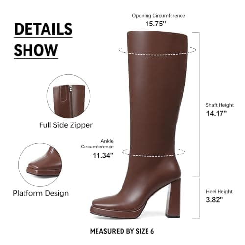 Mikarka Knee High Boots for Women：Block High Heel Vegan Leather Heeled Platform Boots - Side Zip Square Toe Long Fall Boots