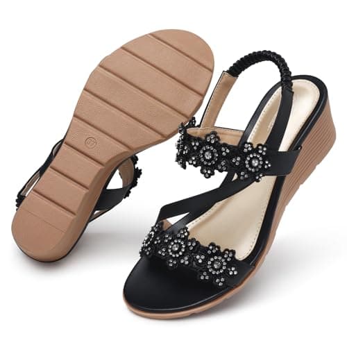 SHIBEVER Women's Comfortable Floral Open Toe Wedge Sandals
