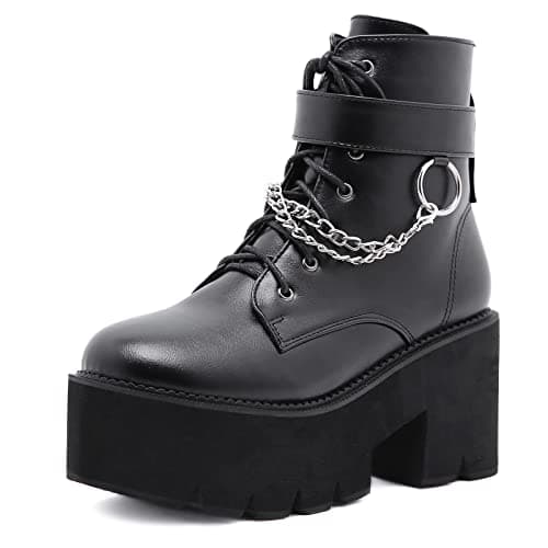 YIYA Women's Black Gothic Platform Ankle Boots with Bat Wing Buckles