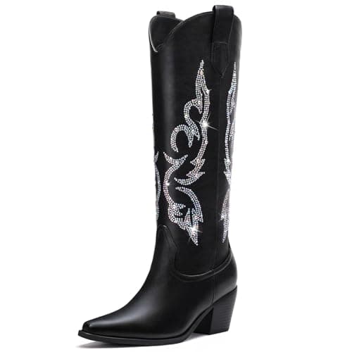 Platikly Women's Wide Calf Rhinestone Knee High Western Boots