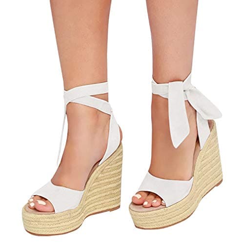 Fashare Women's Open Toe Wedge Heels Sandals with Tie Lace-Up Ankle Strap