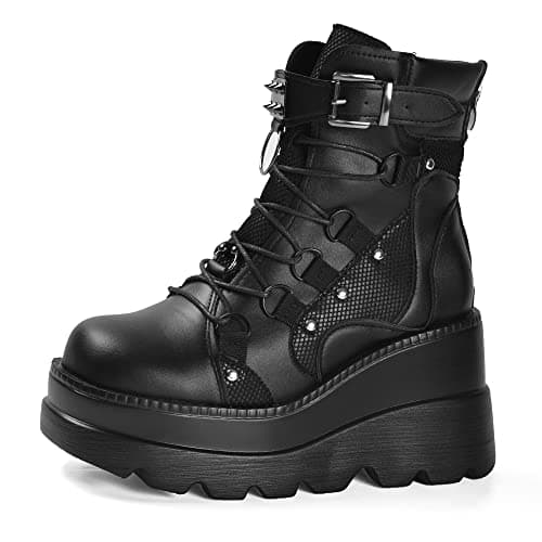 Gothniero Women's Black Holographic Combat Ankle Boots with Chunky Heel and Side Zip (US 5.5-11)