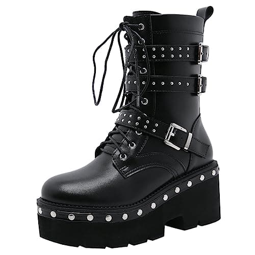 Goth Women's Platform Ankle Boots with Chunky High Heel and Lace Up Detail