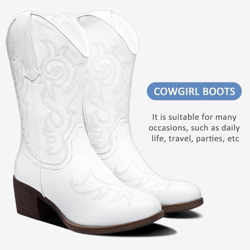 Vepose Women's Cowboy Mid Calf Embroidered Boot with Zipper