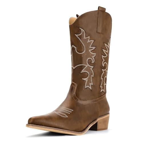 IDIFU Women's Mid-Calf Embroidered Cowboy Boots
