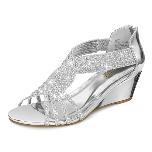 PIZZ ANNU Women's Sparkly Rhinestone Open-Toe Low Wedge Sandals for Bridal Dance Evening