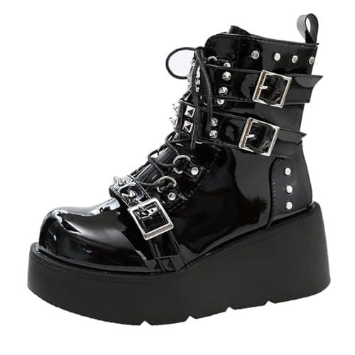 LETCLOCOM Women's Gothic Ankle Booties with Metal Buckle & Zip Lace-Up