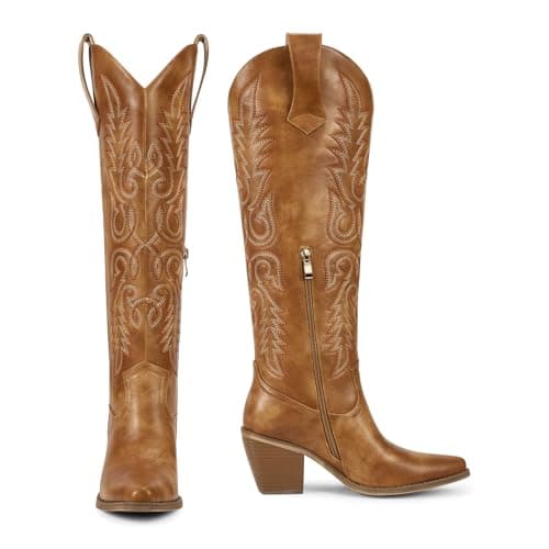 Wetkiss Women's Retro Knee High Cowboy Boots with Side Zipper