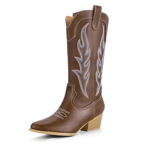 IDIFU IN2 Women's Mid Calf Embroidered Cowboy Bootschunky Heel Country Style Booties