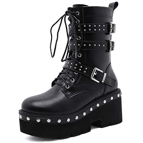 YIYA Women's Black Gothic Platform Ankle Boots with Bat Wing Buckles