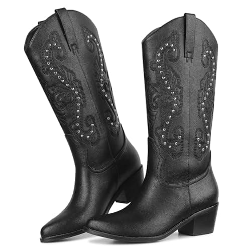 Women's Western Cowgirl Boots: Embroidered Pointy Toe Chunky Heel Knee-High Boots