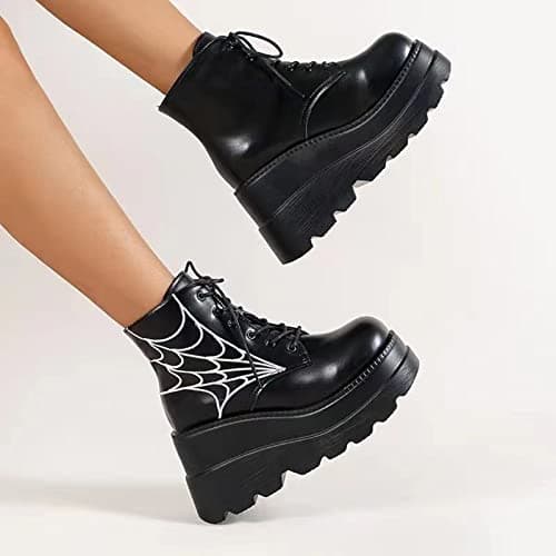 Women's Black Holographic Combat Chunky Heel Ankle Boots for Goth Style