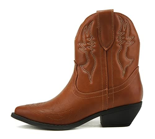 Soda Women's Cowgirl Cowboy Western Stitched Short Booties Pointed Toe (Wide Fit Available)