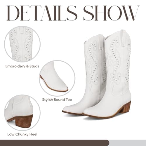 Women's Western Cowgirl Boots: Embroidered Pointy Toe Chunky Heel Knee-High Boots