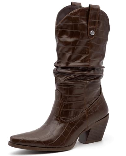 MISSMILLER Women's Embroidered Cowboy Boots with Chunky Heel Mid Calf