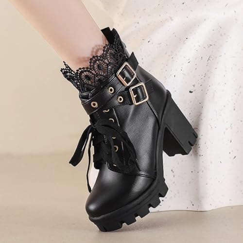 MEOTINA Goth Chunky Platform Ankle Boots with Lace and Buckle