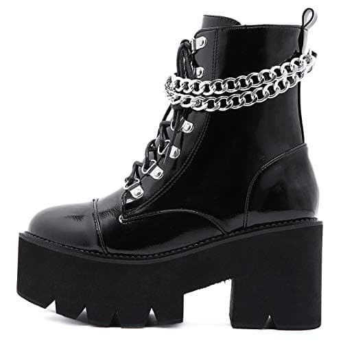 YIYA Women's Black Gothic Platform Ankle Boots with Bat Wing Buckles