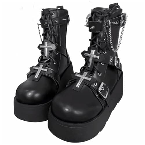 UOQAPRE Women's High Heel Combat Boots Square Toe Lace-Up Ankle Booties