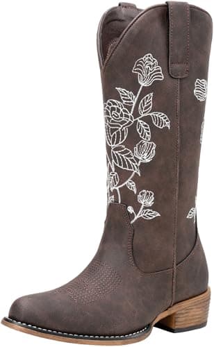 Jeossy Women's Embroidered Cowboy Mid Calf Boots