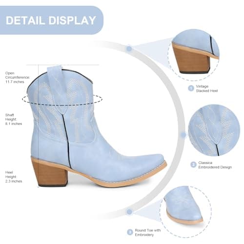 Gioiannoca Western Cowgirl Short Booties for Women Pointed Toe Embroidered Comfort Side Zipper