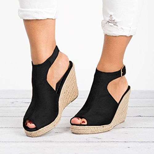 Women's Yiaor Summer Wedge Espadrille Sandals Open Toe Ankle Strap (Black, 8)