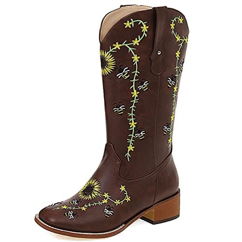 Mikarka Women's Embroidered Mid-Calf Cowboy Boots with Square Toe and Pull-Up Tabs