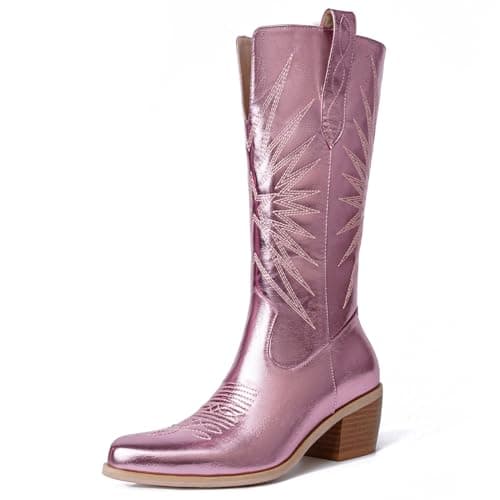 Metallic Cowboy Boots for Women | Pointed Toe Chunky Heel Mid Calf Pull-On