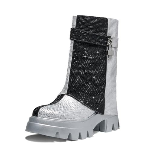 RKQ Women's Zebra Combat Boots - Chunky Heel & Lace-Up Mid-Calf Lug Sole