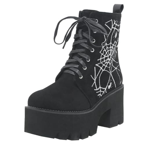 Goth Women's Platform Ankle Boots with Chunky High Heel and Lace Up Detail