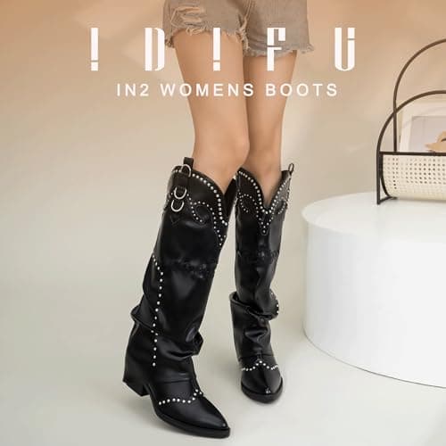 IDIFU IN2 Fold Over Cowboy Boots - Women's Western Embroidered Knee High Heel