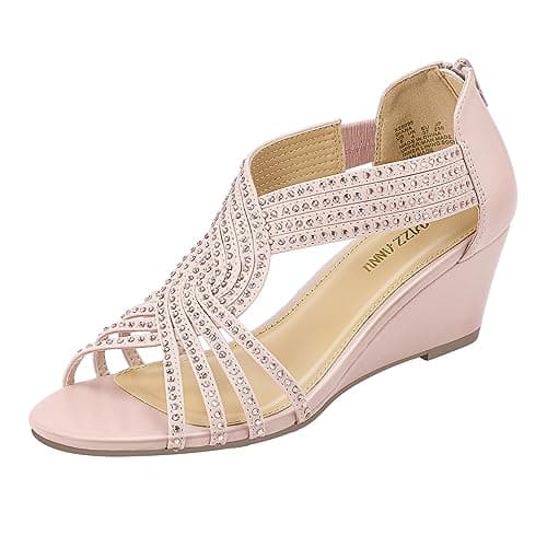 PIZZ ANNU Women's Sparkly Rhinestone Open-Toe Low Wedge Sandals for Bridal Dance Evening