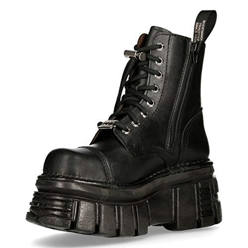 New Rock M-NEWMILI083-S21 Black Leather Platform Combat Boots